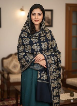 The Azure Bloom: Superfine Embroidered Marina Shawl