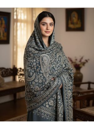 The Azure Bloom: Superfine Embroidered Marina Shawl