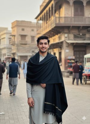 Classic Warmth: Black Gents Wool Shawl from Swat