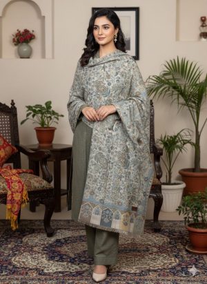 Ethereal Craftsmanship: White Pashmina Shawl with Beige Kaani Work