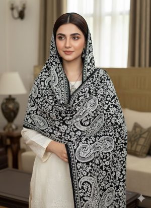 Deep Tradition: Black Marina Shawl with Jaal Paisley Karhai